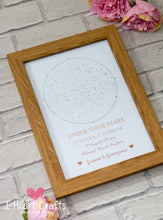 Load image into Gallery viewer, Starry Skies Foil Print - Custom Star Map by date, place & time - Oak Frame