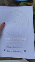 Load and play video in Gallery viewer, Starry Skies Foil Print - Custom Star Map by date, place & time - Oak Frame