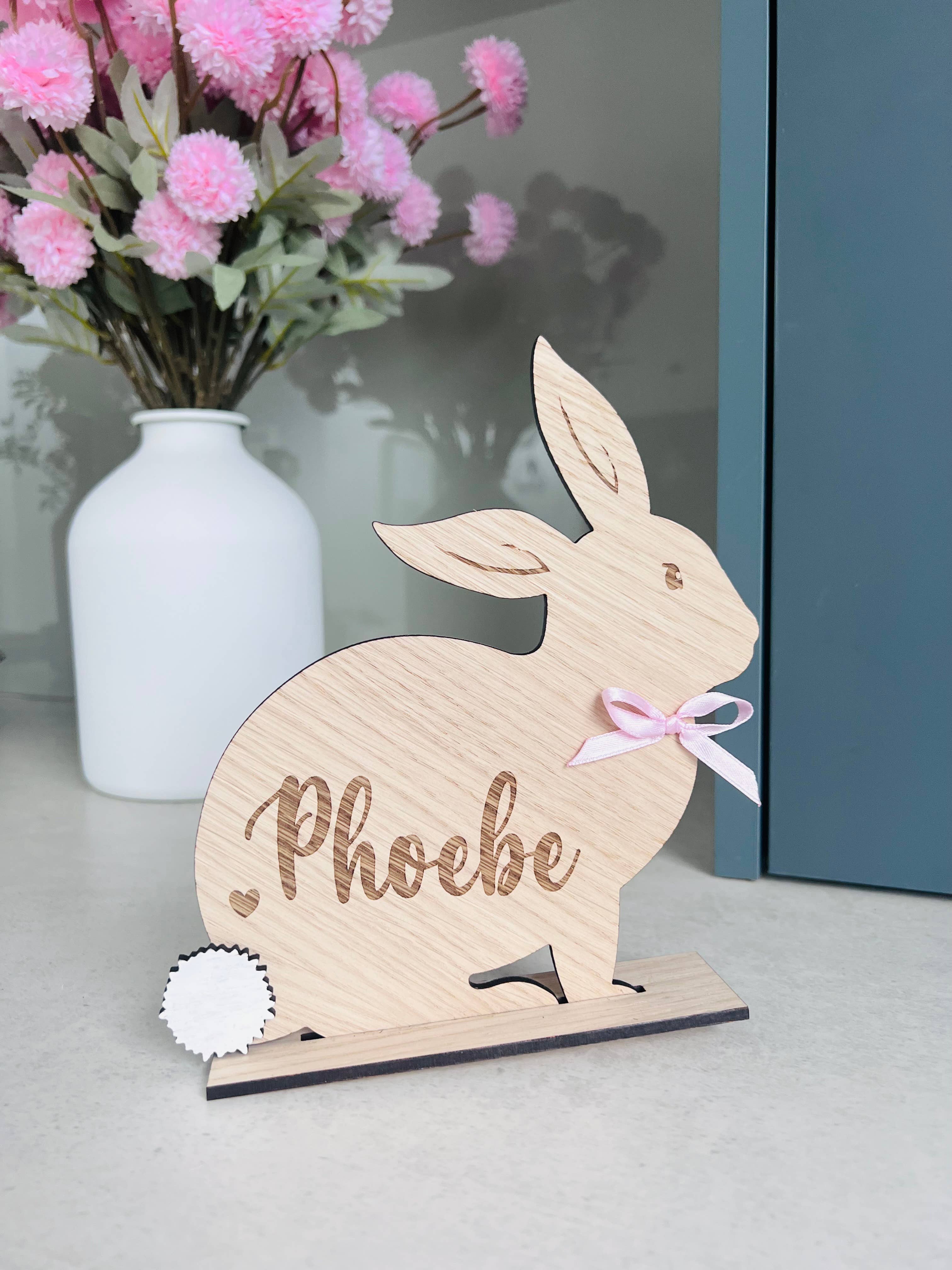 Personalised wooden Easter bunny decoration, engraved with custom name. Perfect for Easter gifts, baskets, and festive home decor