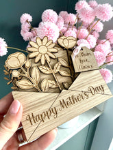 Load image into Gallery viewer, Personalised wooden Mothers day card with ‘Happy Mother’s day’ laser engraved on the front and a wooden gift tag with personalised gift details. 

