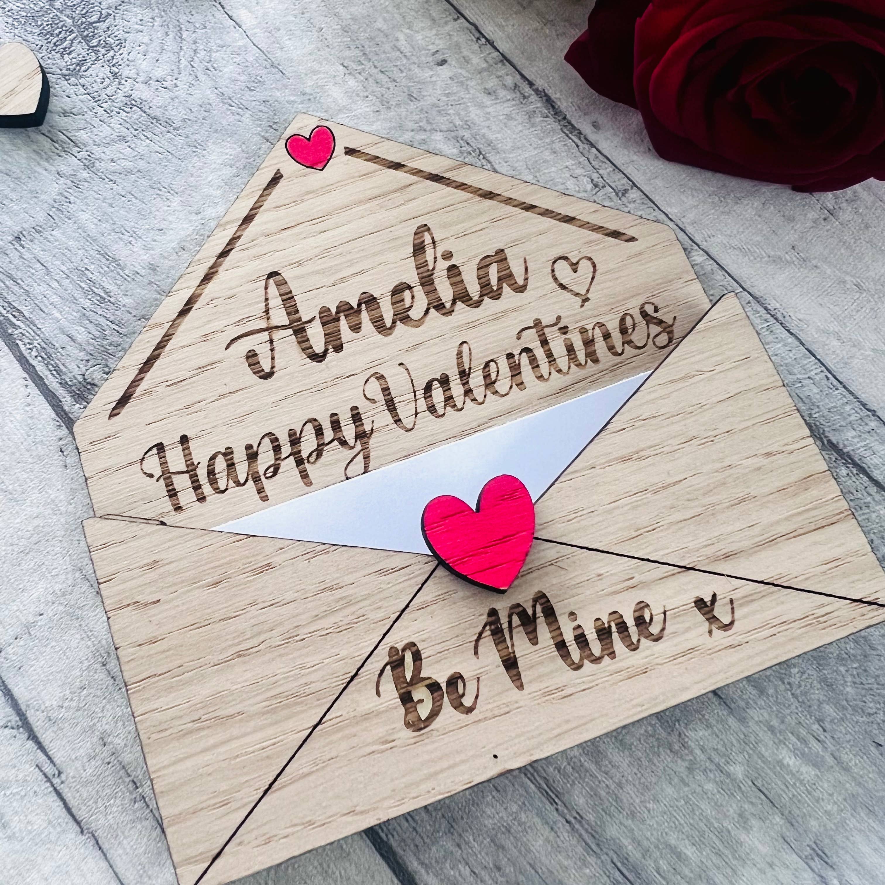 Personalised Wooden Valentine’s Gift - Engraved Love Letter Keepsake - Custom Romantic Envelope Design with Heart Detail
