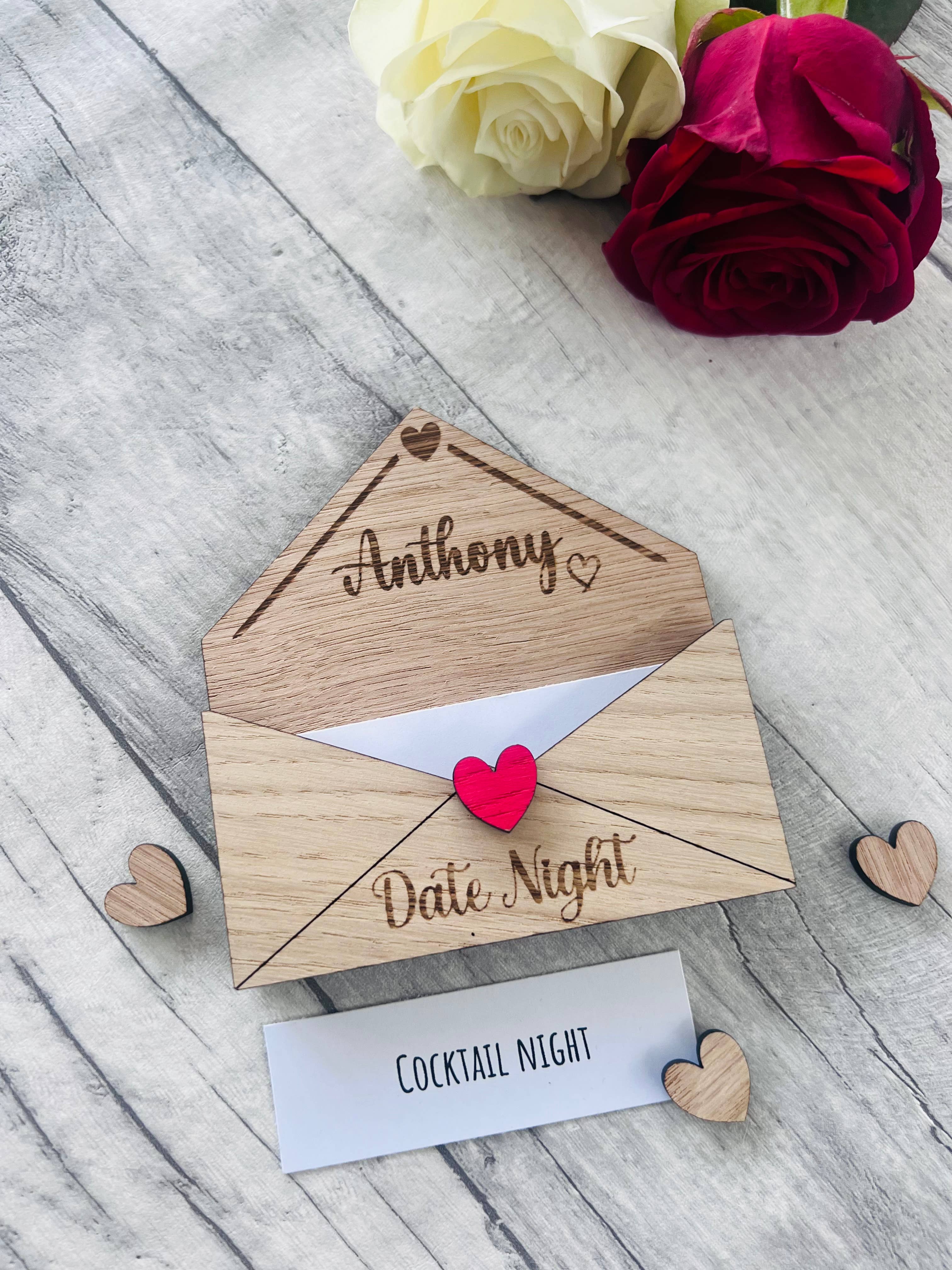Personalised Wooden Date Night Gift - Engraved Love Letter Keepsake with Custom Name - Romantic Couples Gift with Surprise Date Ideas