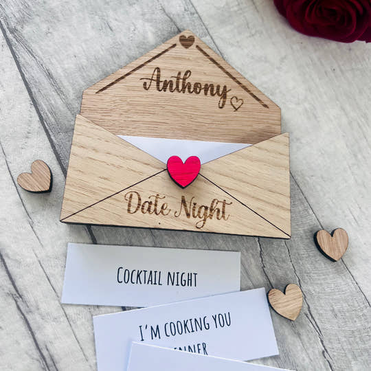Personalised Wooden Date Night Gift - Engraved Love Letter Keepsake with Custom Name - Romantic Couples Gift with Surprise Date Ideas