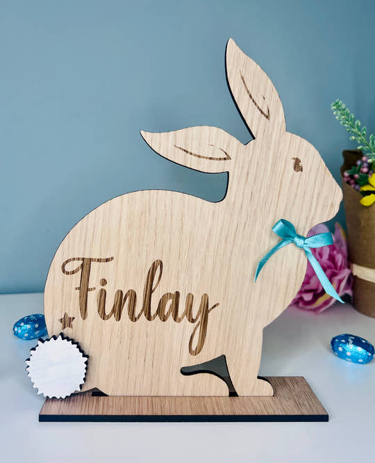 Personalised wooden Easter bunny decoration, engraved with custom name. Perfect for Easter gifts, baskets, and festive home decor