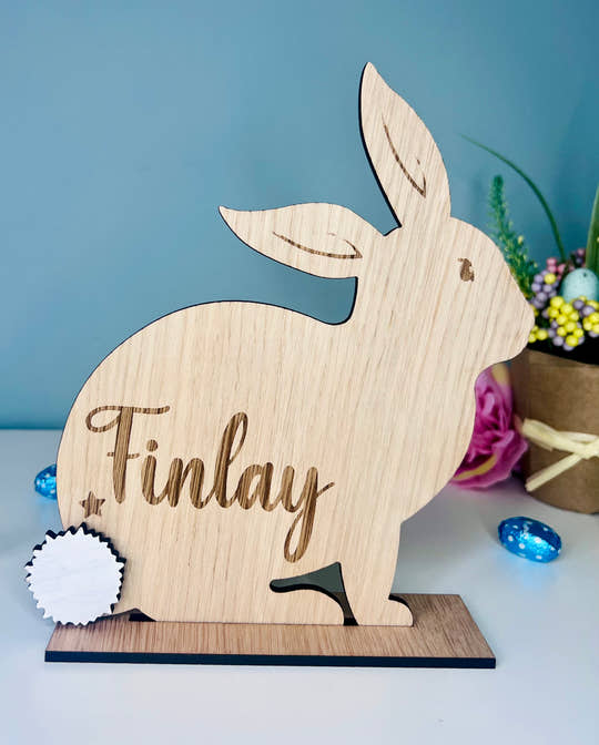 Personalised wooden Easter bunny decoration, engraved with custom name. Perfect for Easter gifts, baskets, and festive home decor