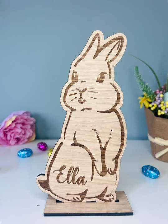 Personalised wooden Easter bunny decoration, engraved with custom name. Perfect for Easter gifts, baskets, and festive home decor