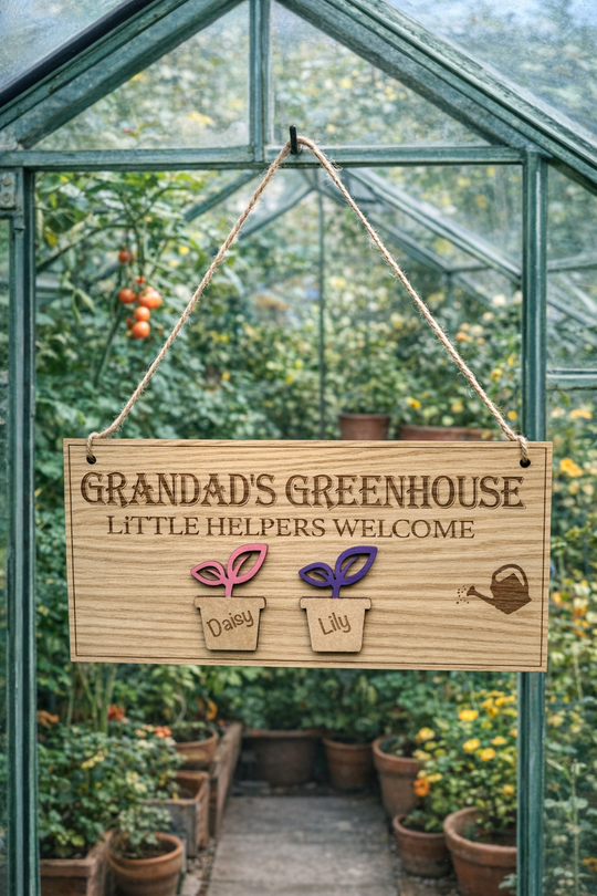 Personalised wooden sign reading “Grandad’s Greenhouse – Little Helpers Welcome” with a plant pot labelled Daisy and Lily, hanging inside a bright greenhouse with stone flooring and tomato plant