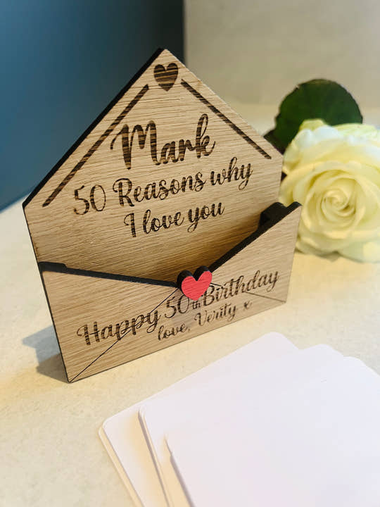 Personalised 50th Birthday Gift - Reasons Why I Love You Box - Custom Engraved Wooden Tokens for Him or Her 
