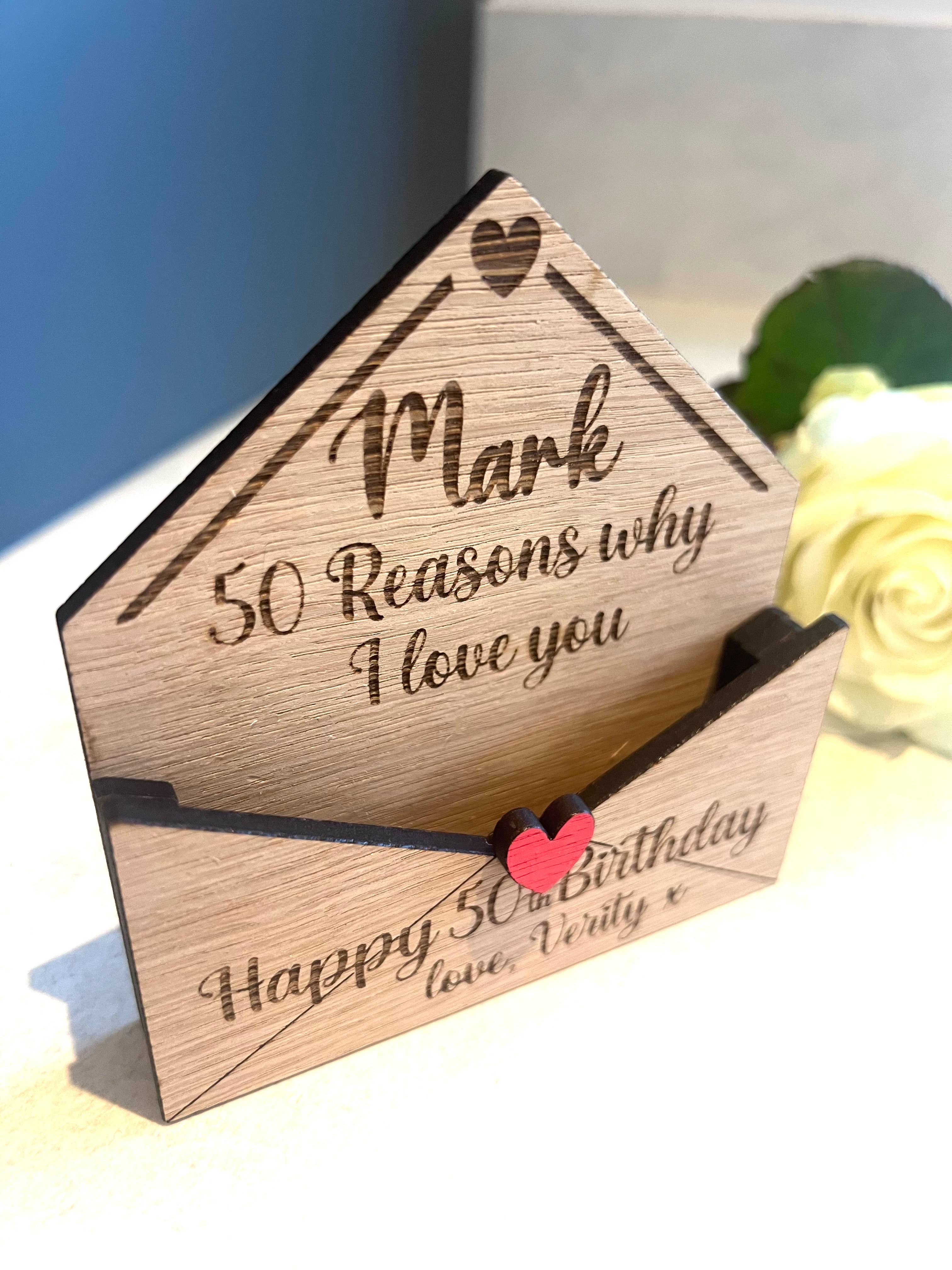 Personalised 50th Birthday Gift - Reasons Why I Love You Box - Custom Engraved Wooden Tokens for Him or Her 