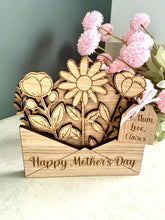 Load image into Gallery viewer, Personalised wooden Mothers day card with ‘Happy Mother’s day’ laser engraved on the front and a wooden gift tag with personalised gift details. 
