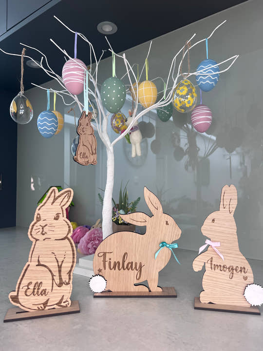 Personalised wooden Easter bunny decoration, engraved with custom name. Perfect for Easter gifts, baskets, and festive home decor
