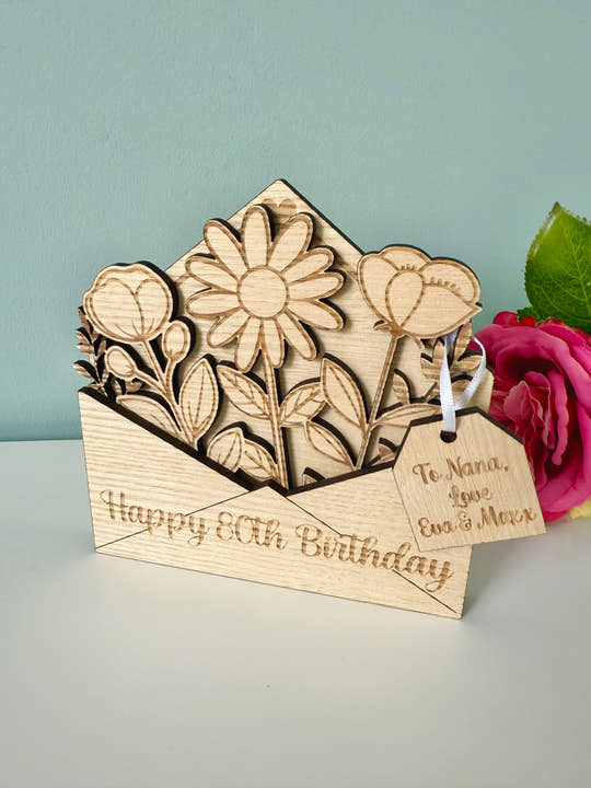 Wooden card with floral design and 'Happy 80th Birthday' message, featuring a pink rose.