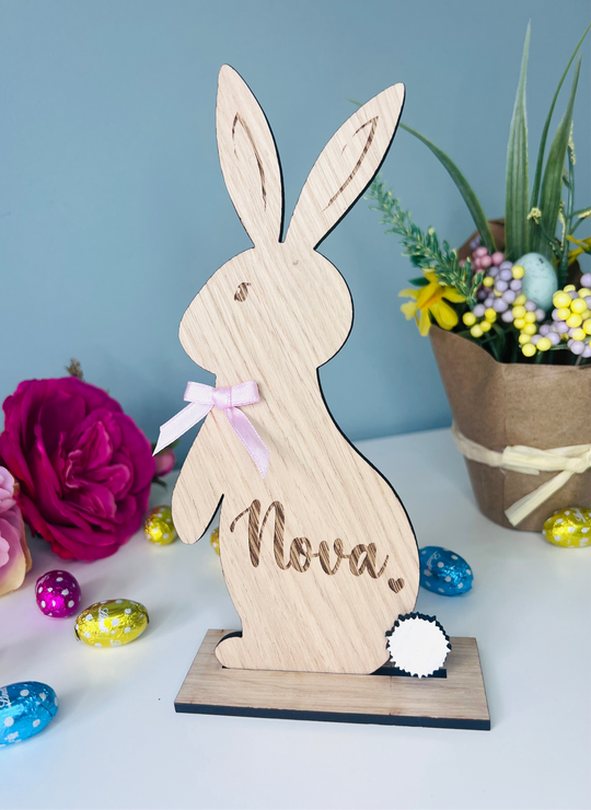 Personalised wooden Easter bunny decoration, engraved with custom name. Perfect for Easter gifts, baskets, and festive home decor