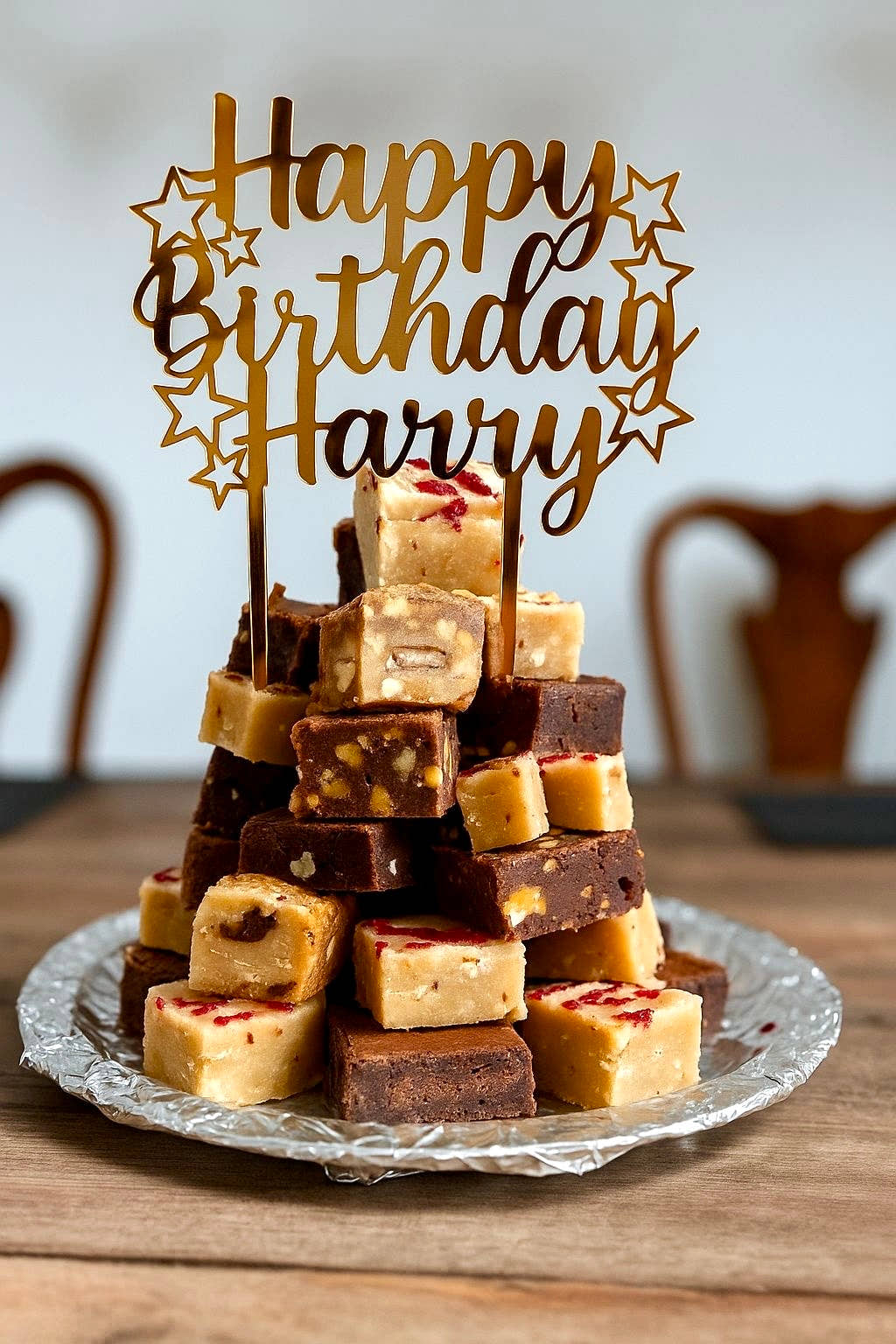Pyramid of fudge squares with a 'Happy Birthday Harry' topper on a wooden table.