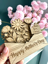 Load image into Gallery viewer, Personalised wooden Mothers day card with ‘Happy Mother’s day’ laser engraved on the front and a wooden gift tag with personalised gift details. 
