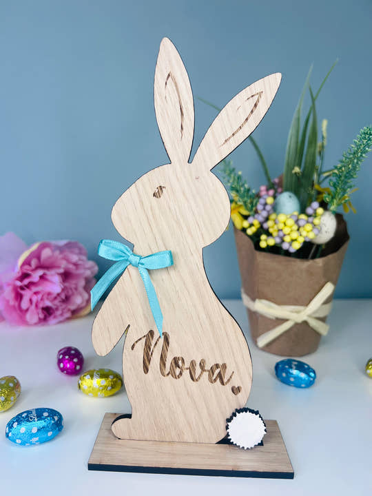Personalised wooden Easter bunny decoration, engraved with custom name. Perfect for Easter gifts, baskets, and festive home decor