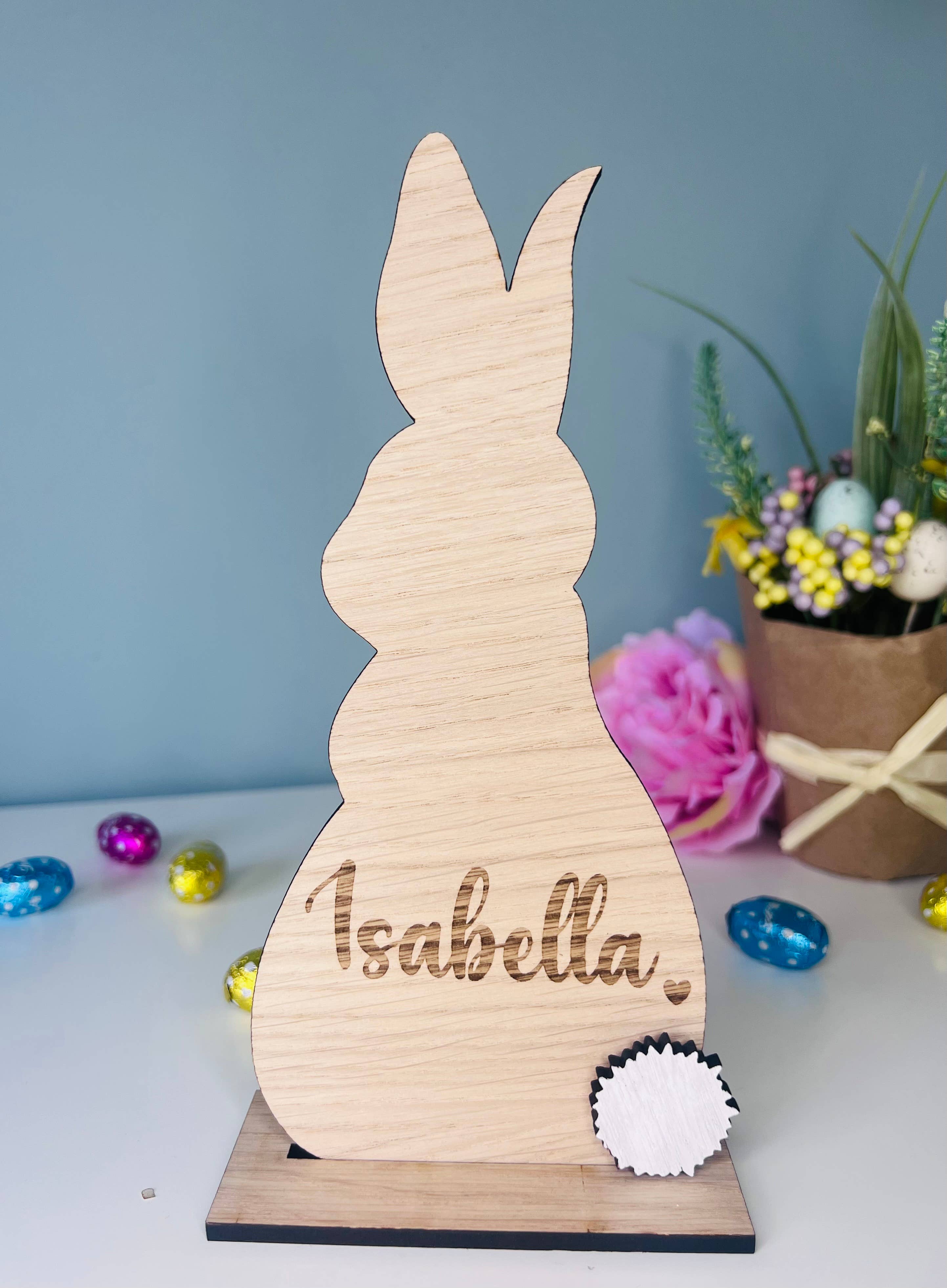 Personalised wooden Easter bunny decoration, engraved with custom name. Perfect for Easter gifts, baskets, and festive home decor