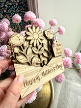 Load image into Gallery viewer, Personalised wooden Mothers day card with ‘Happy Mother’s day’ laser engraved on the front and a wooden gift tag with personalised gift details. 
