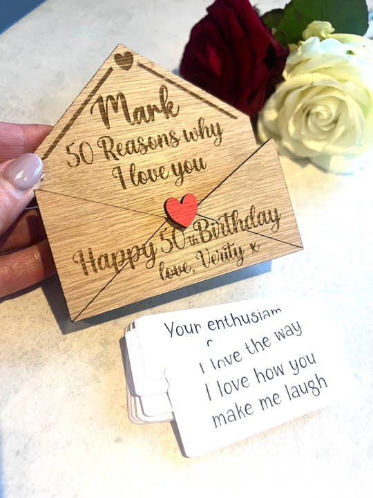 Personalised 50th Birthday Gift - Reasons Why I Love You Box - Custom Engraved Wooden Tokens for Him or Her 