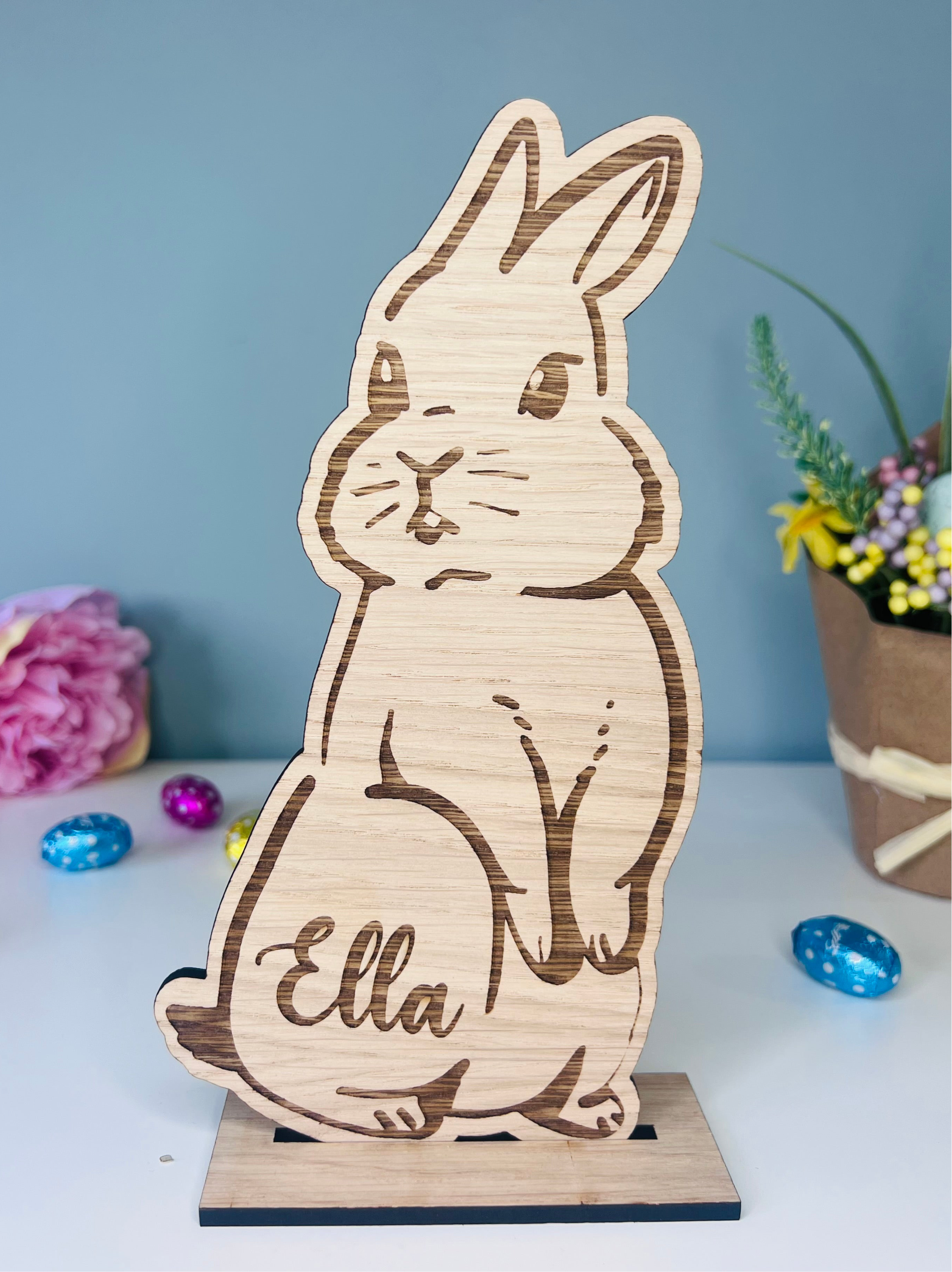 Personalised wooden Easter bunny decoration, engraved with custom name. Perfect for Easter gifts, baskets, and festive home decor