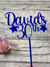 Load image into Gallery viewer, Personalised blue birthday cake topper with custom name and age 
