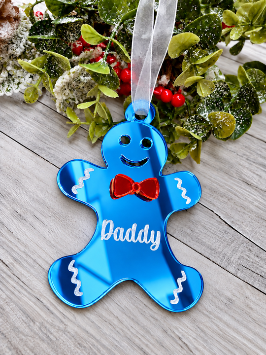 Personalised gingerbread man Christmas decoration in blue mirrored acrylic