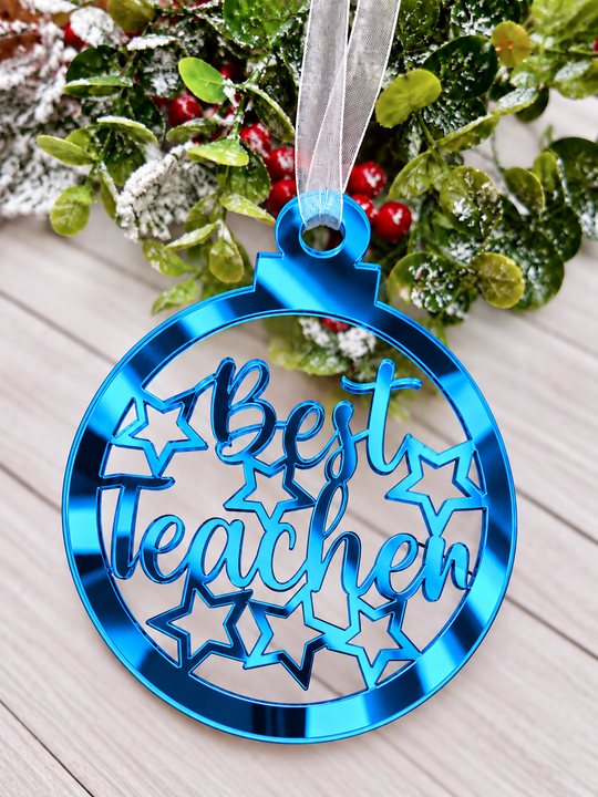 Personalised Best Teacher bauble Christmas decoration in blue mirrored acrylic