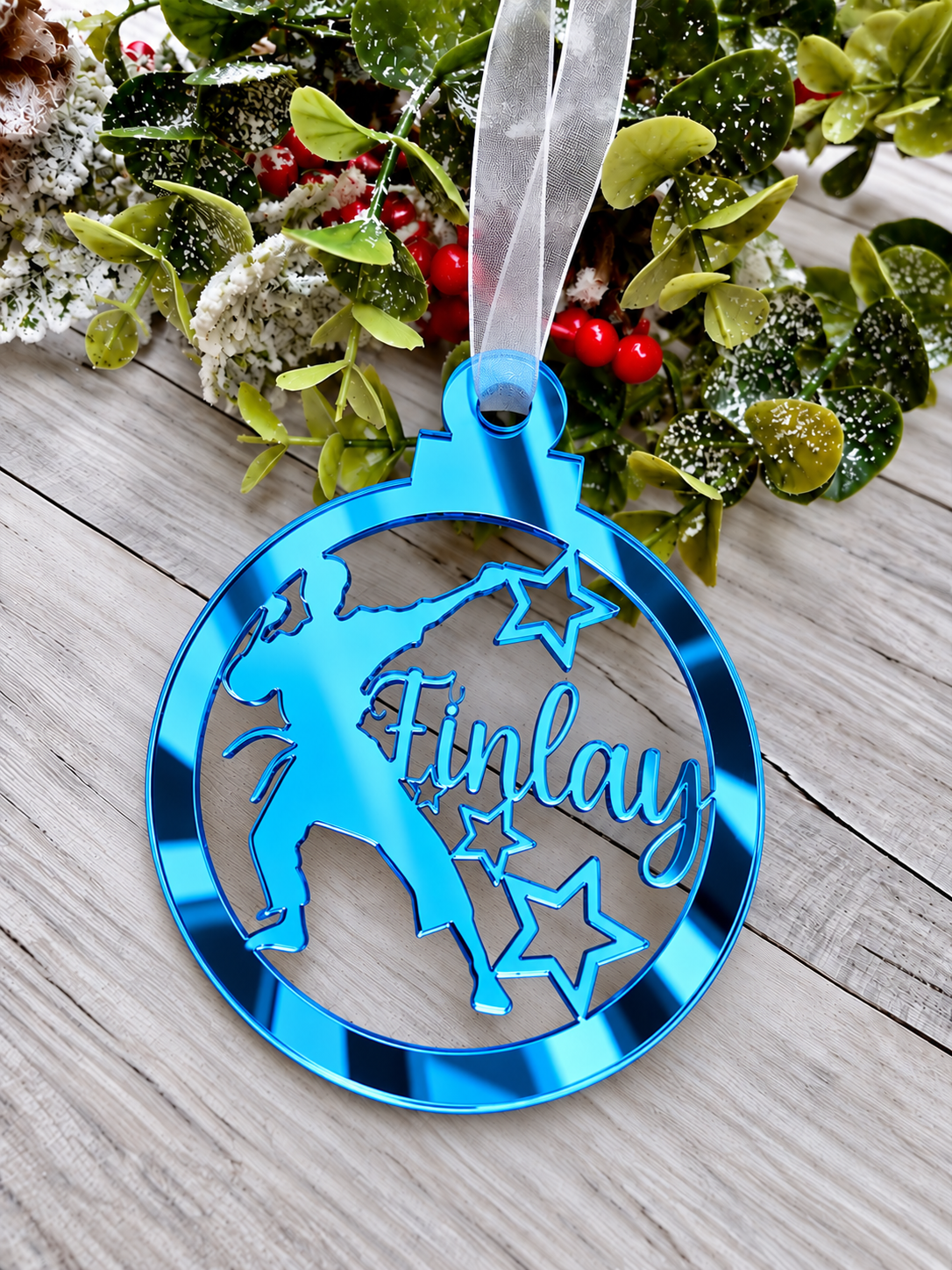Load image into Gallery viewer, Personalised karate Christmas decoration in blue mirrored acrylic

