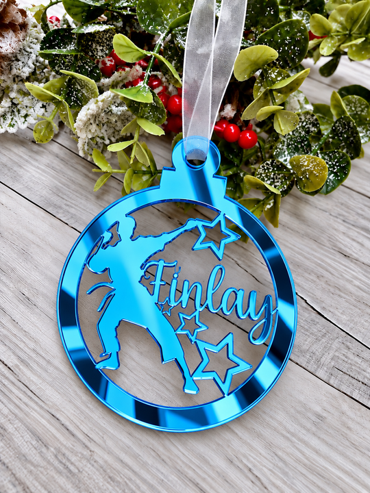 Personalised karate Christmas decoration in blue mirrored acrylic