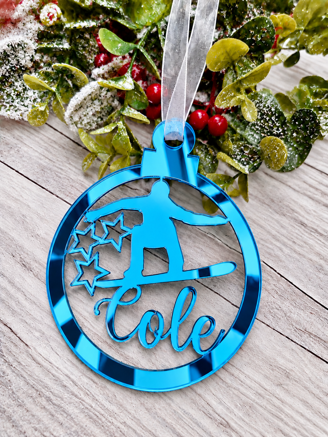 Load image into Gallery viewer, Personalised snowboarder Christmas decoration in blue mirrored acrylic
