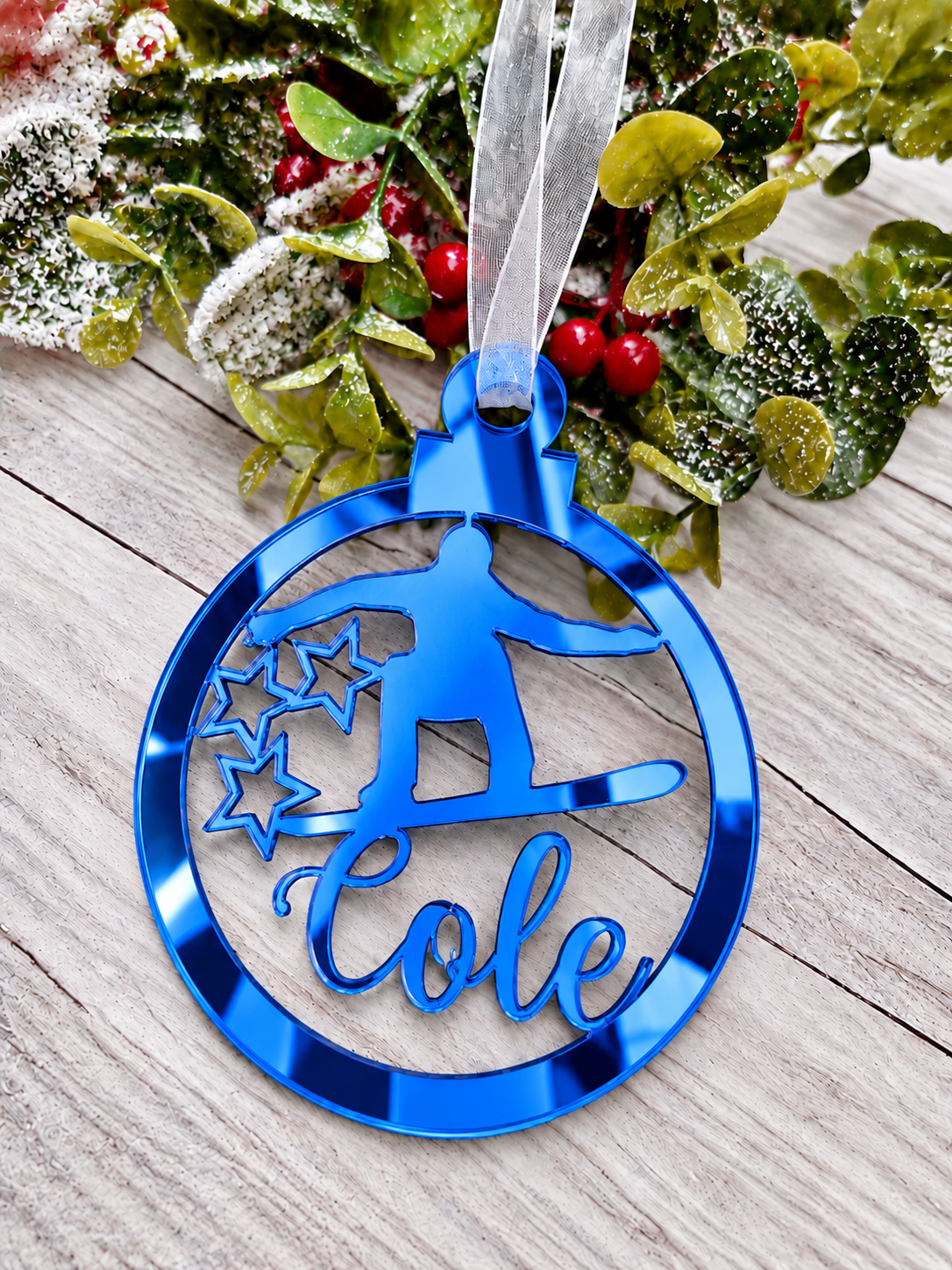 Load image into Gallery viewer, Personalised snowboarder Christmas decoration in blue mirrored acrylic
