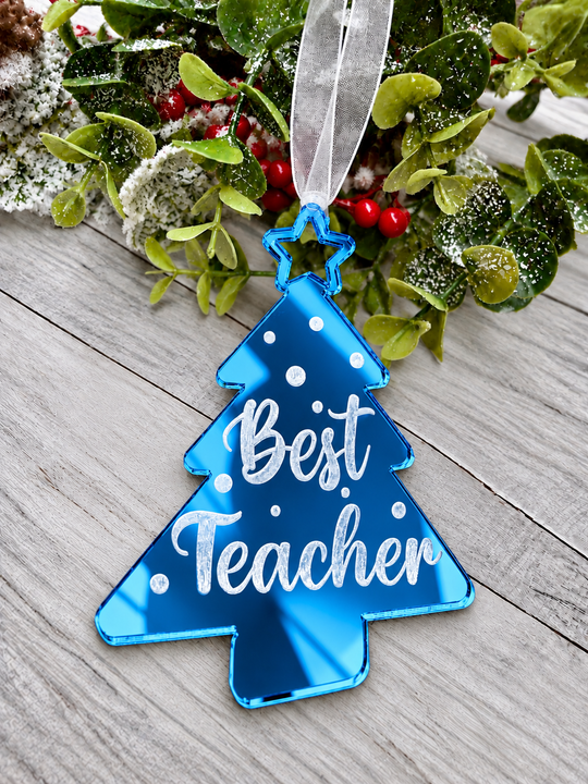 Personalised Best Teacher tree Christmas decoration in blue mirrored acrylic