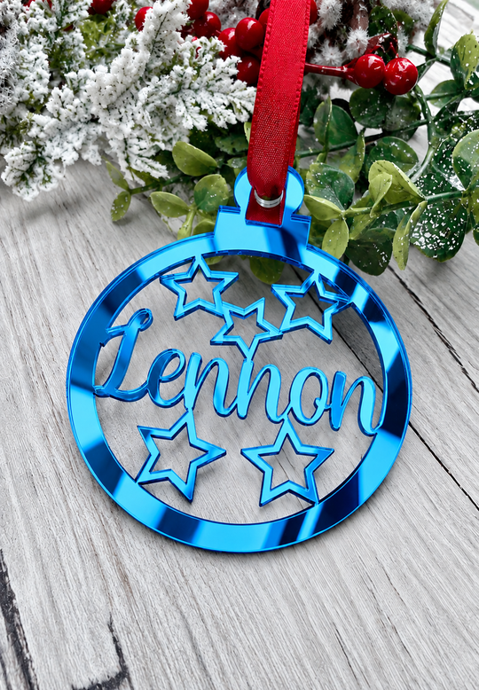 Personalised star Christmas decoration in blue mirrored acrylic