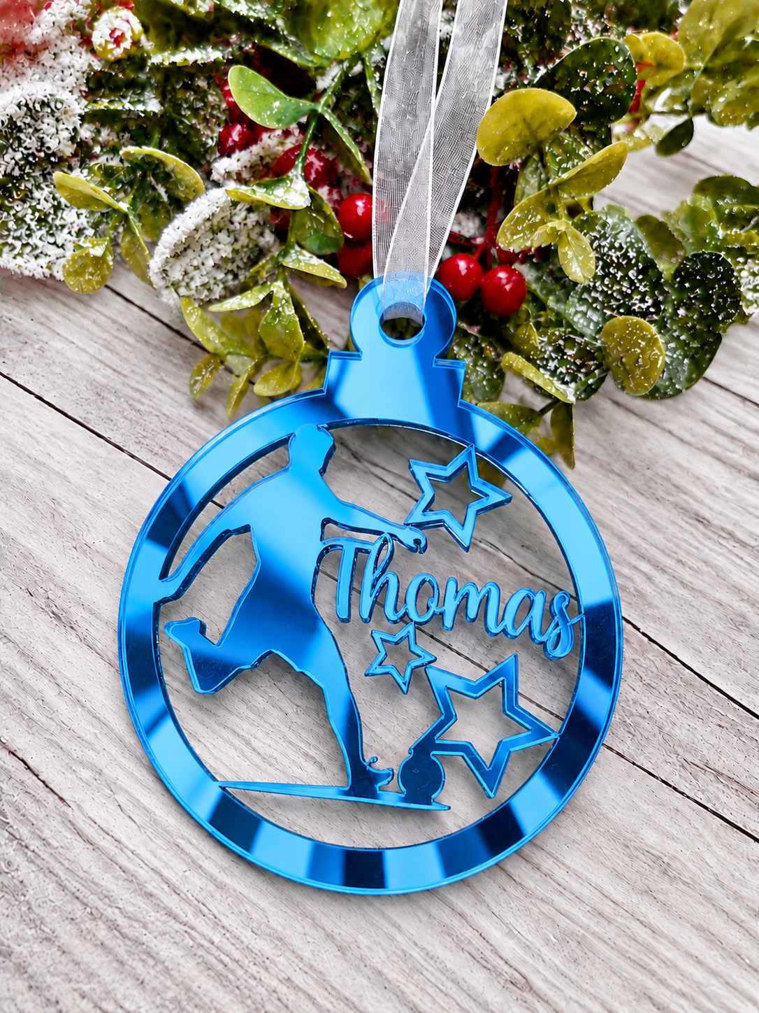 Load image into Gallery viewer, Personalised footballer Christmas decoration in blue mirrored acrylic

