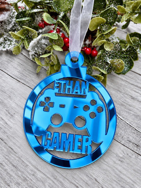 Personalised gamer Christmas decoration in blue mirrored acrylic