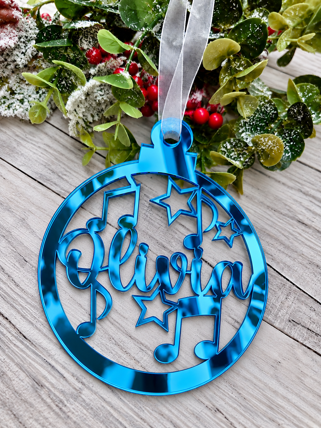 Load image into Gallery viewer, Personalised music notes Christmas decoration in blue mirrored acrylic
