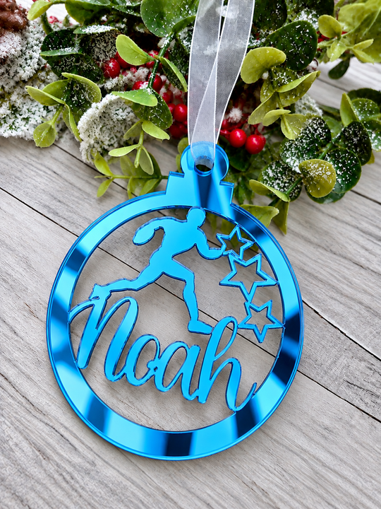 Personalised rugby Christmas decoration in blue mirrored acrylic
