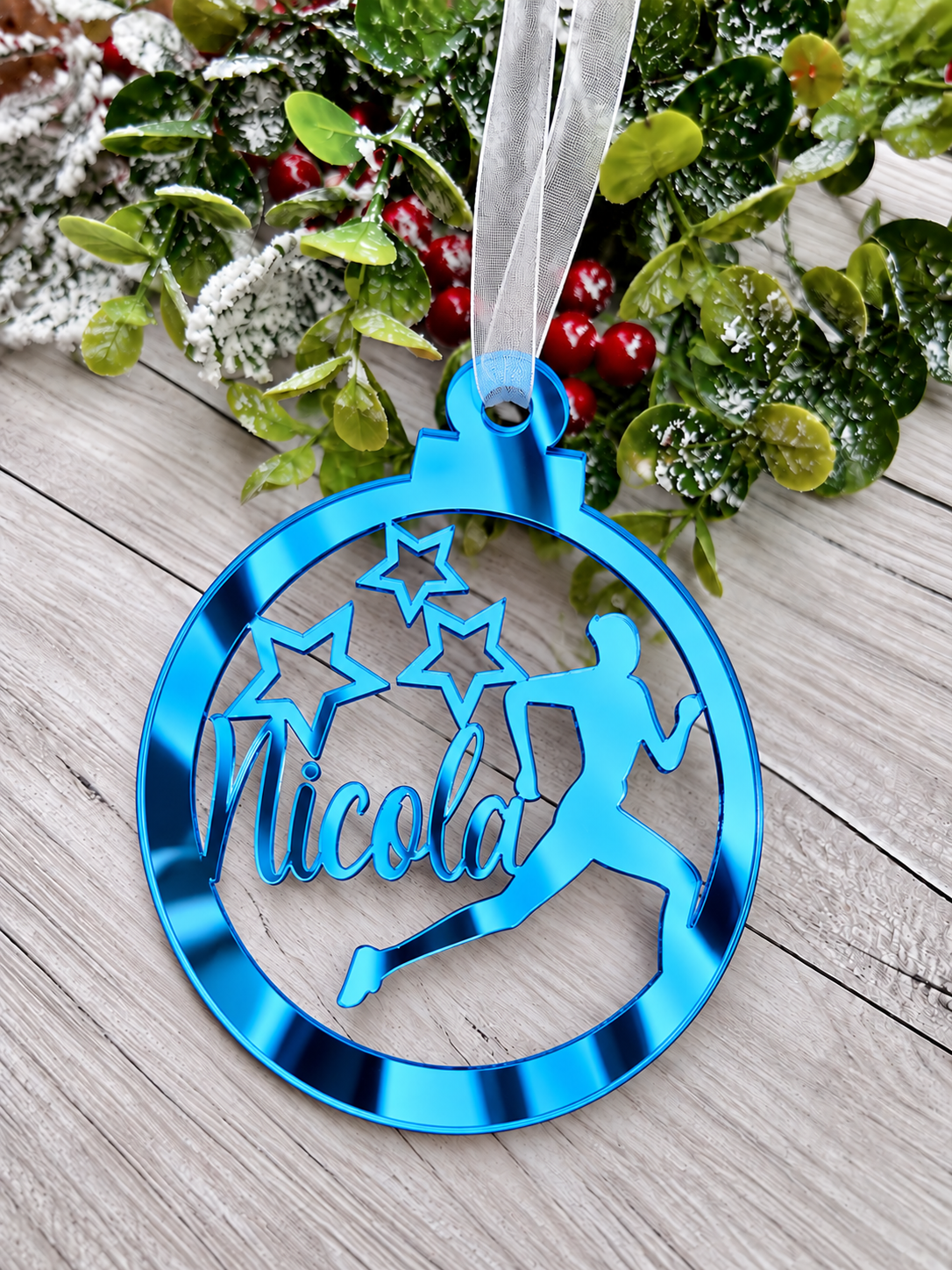 Load image into Gallery viewer, Personalised runner Christmas decoration in blue mirrored acrylic

