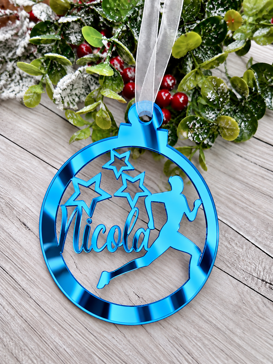 Personalised runner Christmas decoration in blue mirrored acrylic