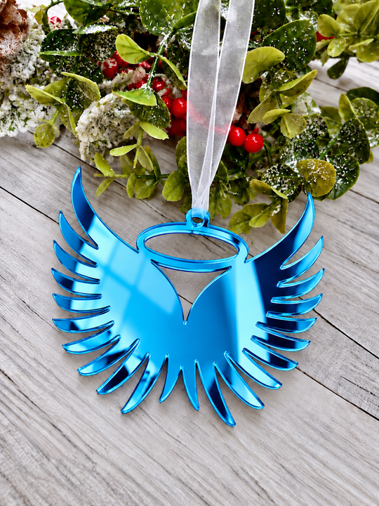 Angel wings in memory Christmas decoration in blue mirrored acrylic, plain