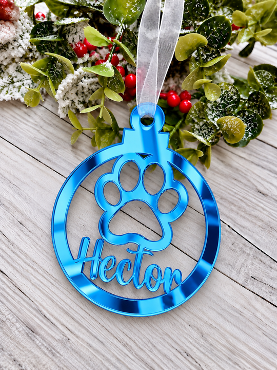 Personalised paw print Christmas decoration in blue mirrored acrylic