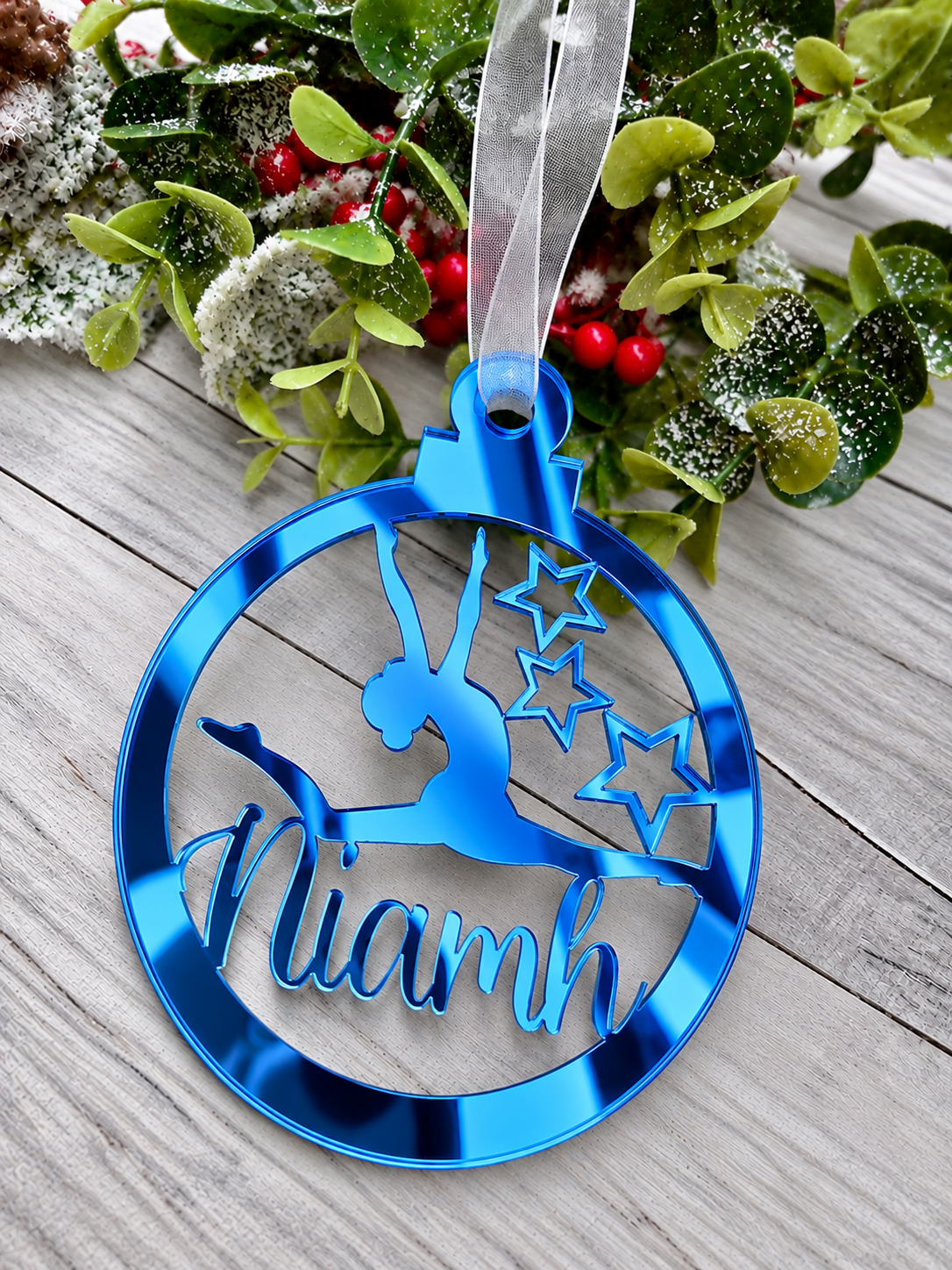 Load image into Gallery viewer, Personalised gymnast Christmas decoration in blue mirrored acrylic
