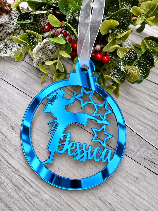 Personalised karate Christmas decoration in blue mirrored acrylic