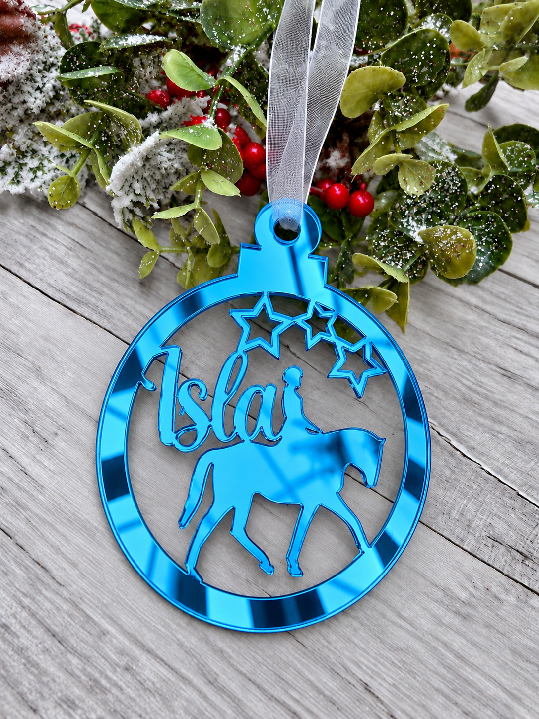 Load image into Gallery viewer, Personalised horse rider Christmas decoration in blue mirrored acrylic
