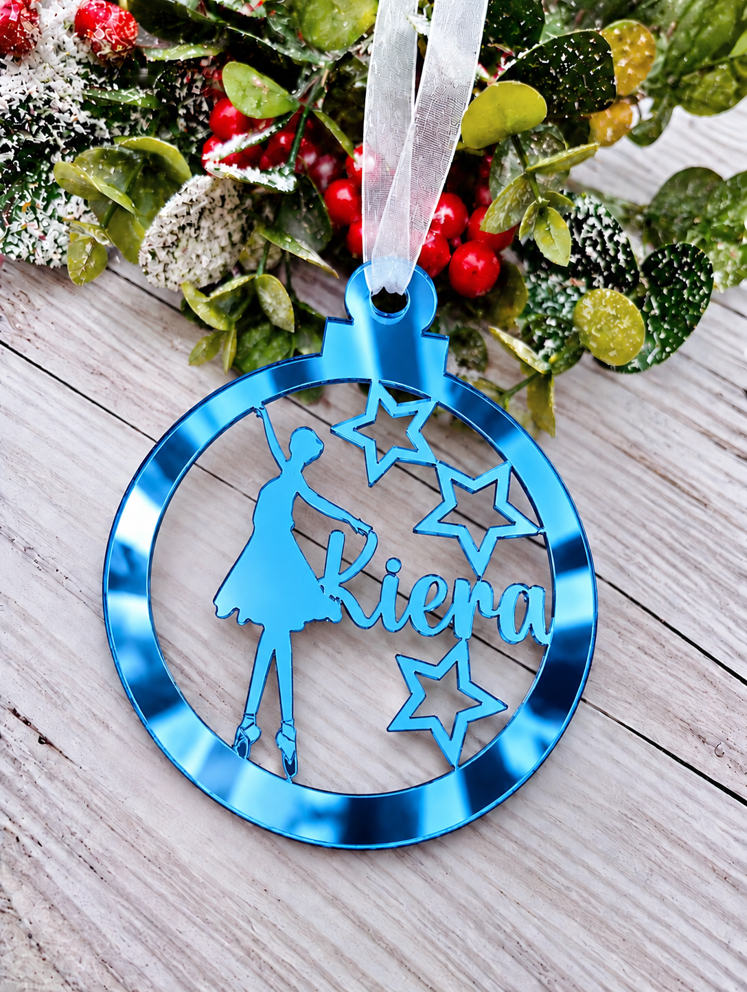 Load image into Gallery viewer, Personalised ballerina Christmas decoration in blue mirrored acrylic

