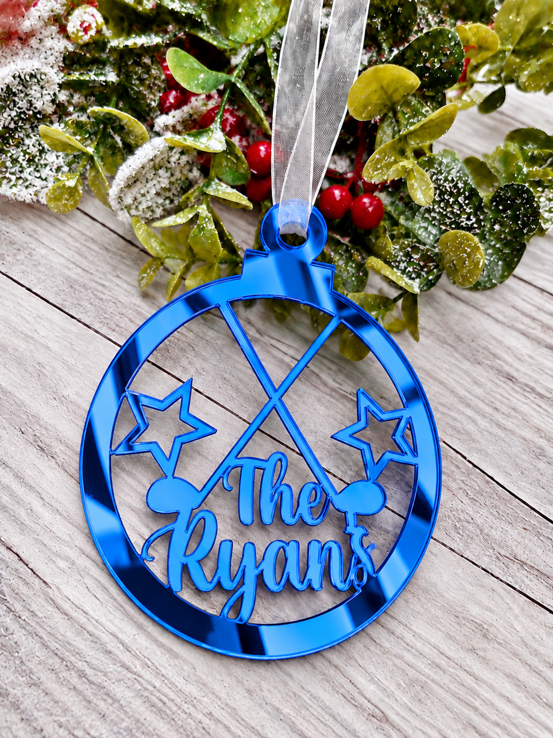 Load image into Gallery viewer, Personalised golf Christmas decoration in blue mirrored acrylic
