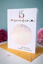 Load image into Gallery viewer, Personalised 30th wedding anniversary card with gold foil heart song lyrics, custom names and date, pearl anniversary gift for couple

