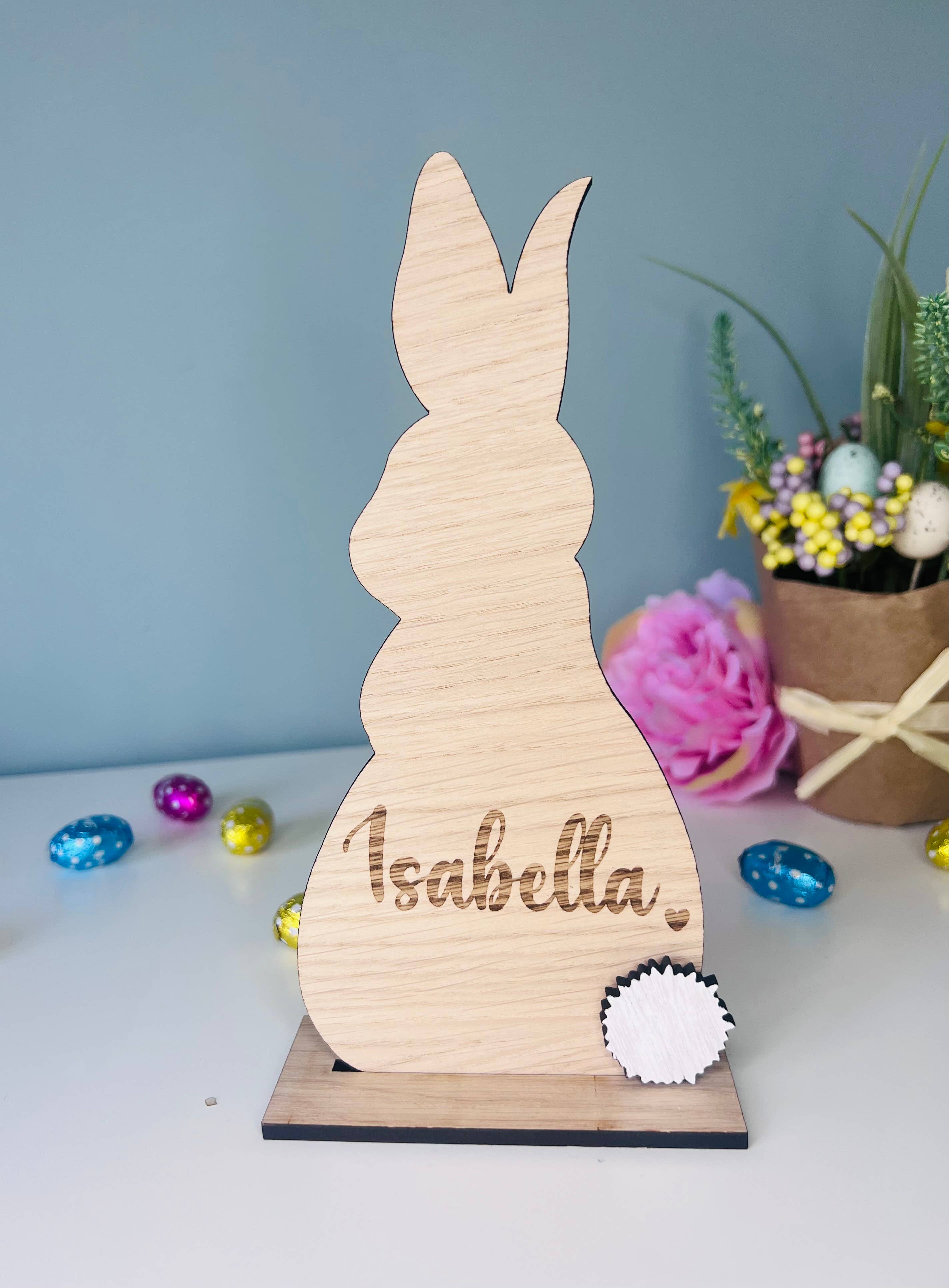 Personalised wooden Easter bunny decoration, engraved with custom name. Perfect for Easter gifts, baskets, and festive home decor