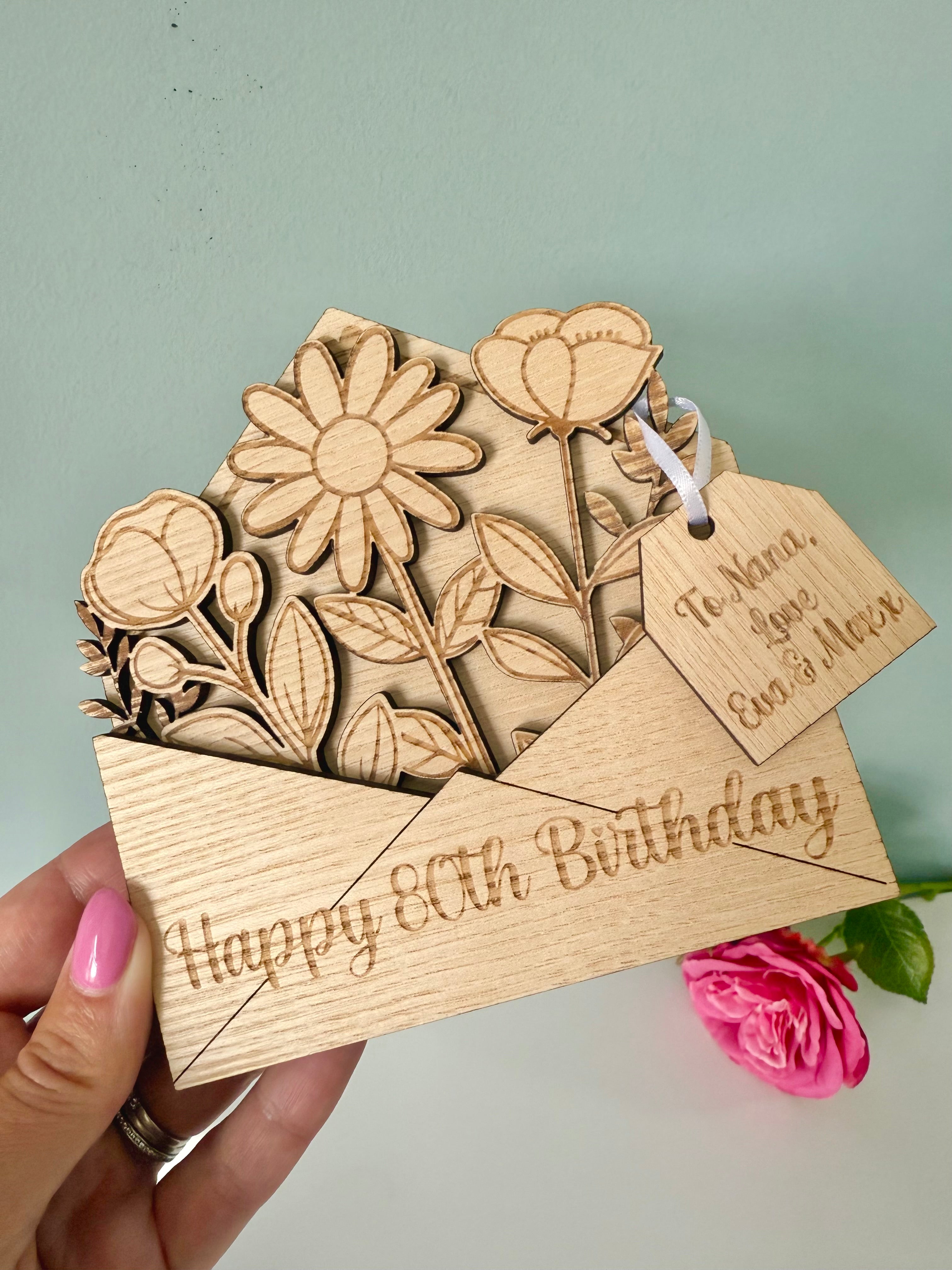 Load image into Gallery viewer, Wooden card with floral design and 'Happy 80th Birthday' text, held by a hand.
