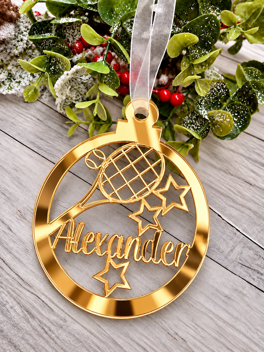 Personalised tennis Christmas decoration in gold mirrored acrylic